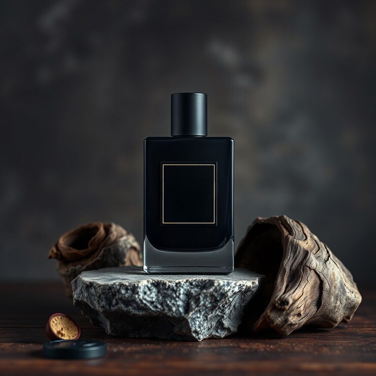 Una botella de perfume en una base una plataforma en el modelo de fondo