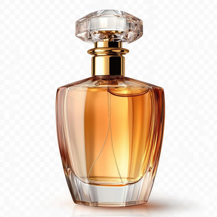 Una botella de perfume con una botella de vidrio transparente en un fondo transparente