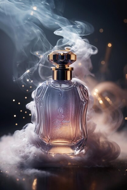 Una botella de perfume brillante rodeada por una niebla ondulante de humo de olor exótico