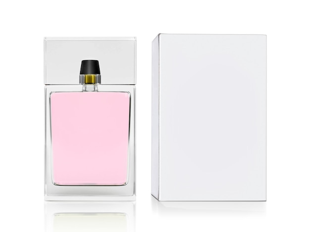 Botella de perfume y caja de embalaje blanca.