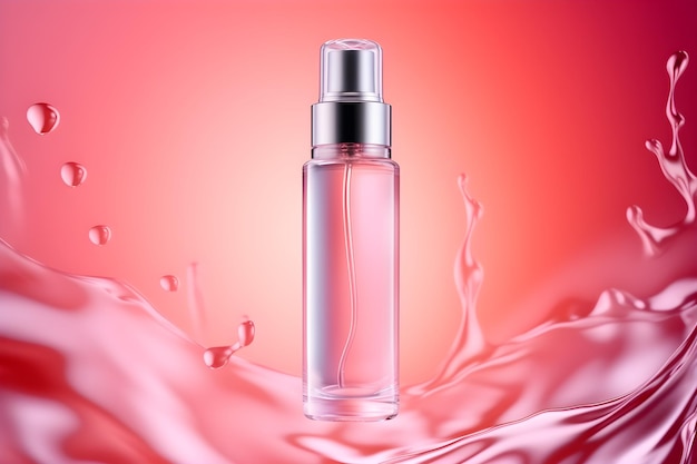 Una botella de perfume con un chorrito de leche sobre un fondo rojo.