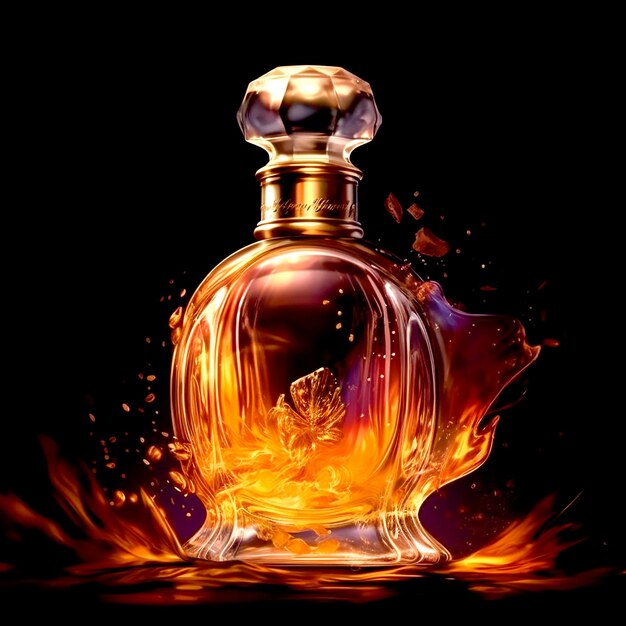 Una botella de perfume de color dorado de estilo antiguo sobre un fondo oscuro