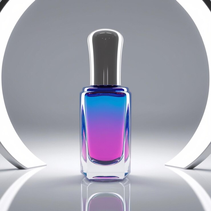 una botella de perfume con colores púrpura y azul en la parte inferior