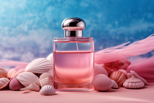Una botella de perfume con conchas marinas en el fondo.