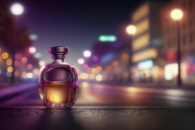 Botella de perfume contra el telón de fondo de las luces de la ciudad de noche Arte generado por redes neuronales