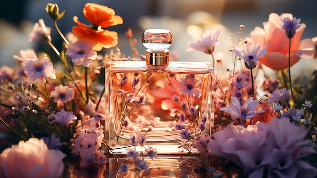 Botella de perfume y cosméticos rodeados de flores en una mesa