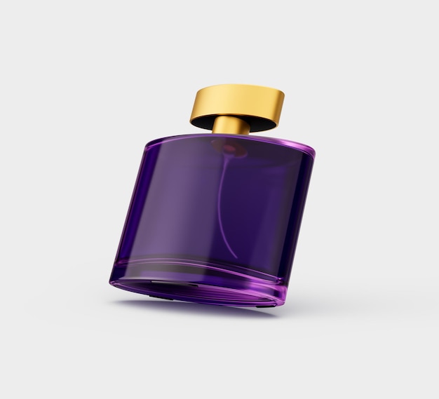 Una botella de perfume de cristal claro púrpura coronada por una ilustración 3D de tapa dorada y reluciente