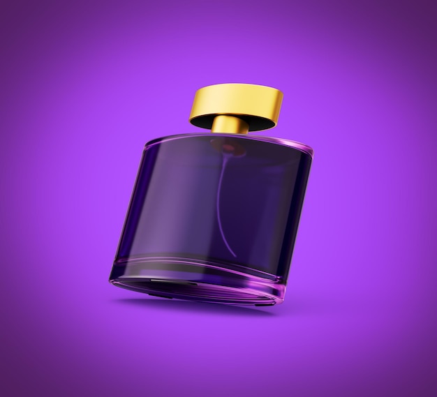Botella de perfume de cristal claro púrpura con tapa dorada en fondo púrpura Ilustración en 3D