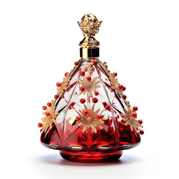 Botella de perfume con decoración navideña sobre un fondo blanco