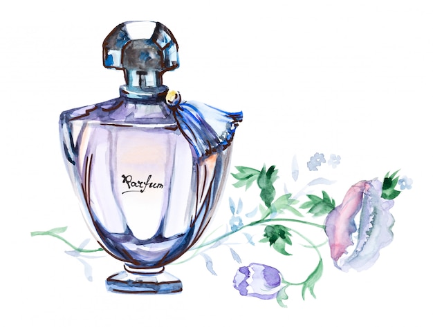 Botella de perfume, dibujado a mano ilustración acuarela de moda aislado en un blanco