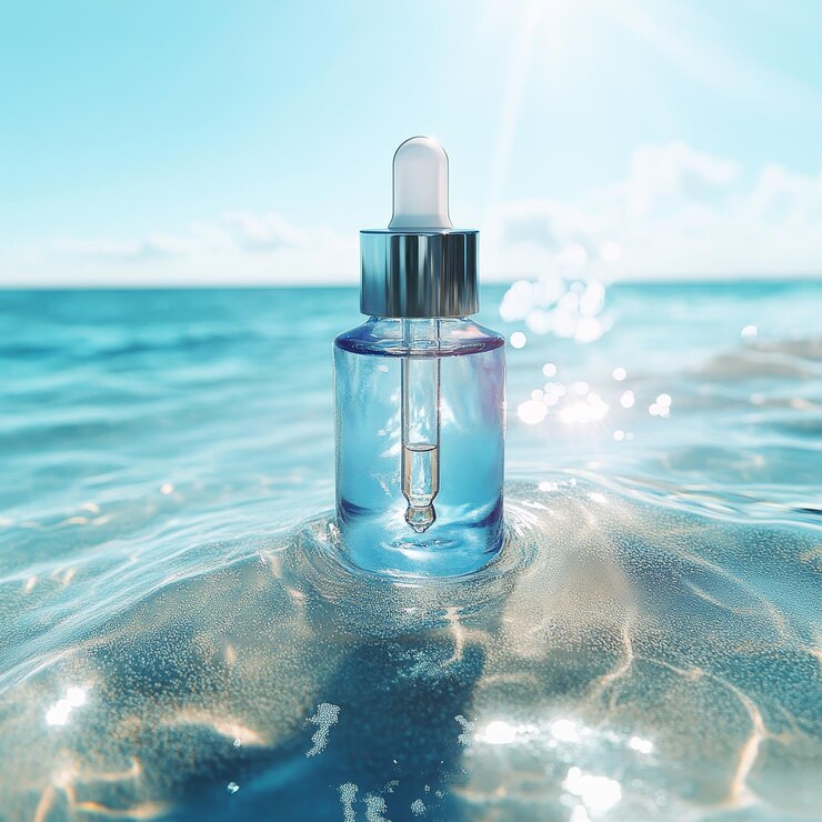 una botella de perfume está en el agua con la palabra en ella