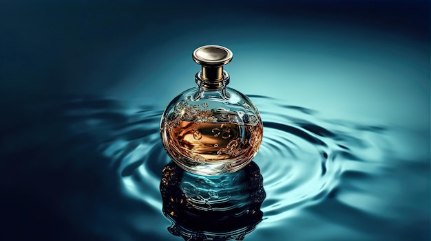 Una botella de perfume está en el agua con la palabra perfume.