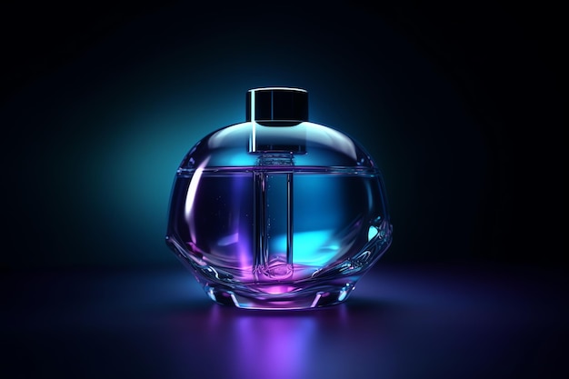 Una botella de perfume con una etiqueta azul y rosa en la parte inferior.