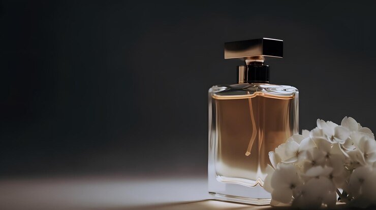 Una botella de perfume con una flor al costado.