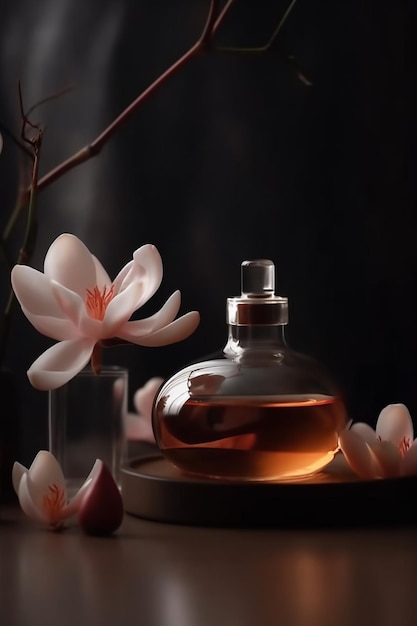 Una botella de perfume con una flor al fondo.