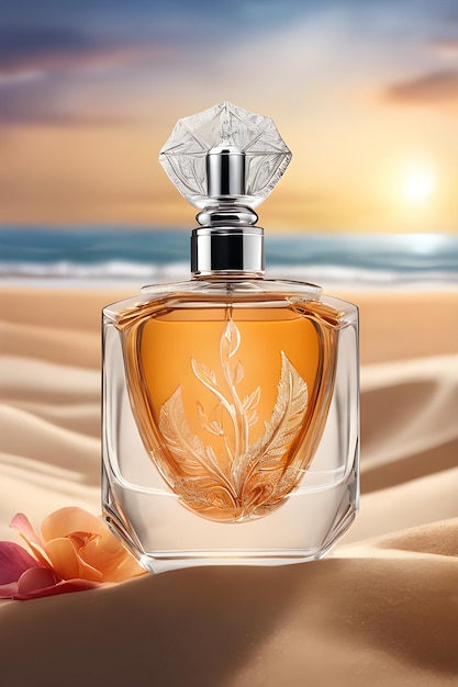 Botella de perfume y flor fotografiadas en la arena