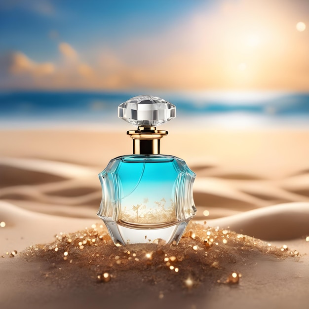 Foto botella de perfume y flor fotografiadas en la arena