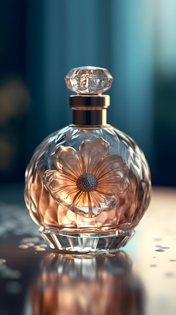 Una botella de perfume con una flor en el frente.