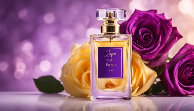 una botella de perfume con una flor púrpura en el fondo