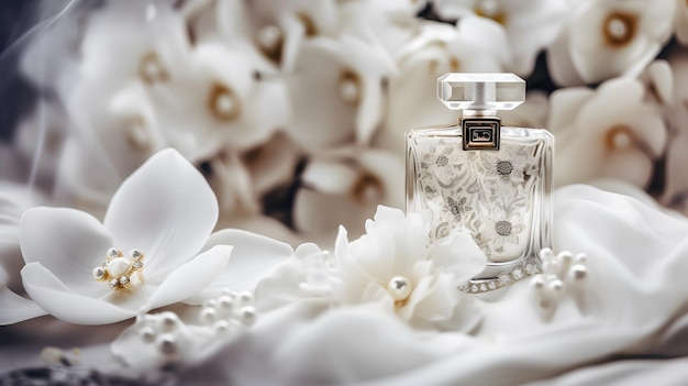 Una botella de perfume con flores blancas en el fondo.