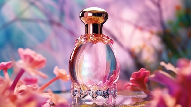 Una botella de perfume con flores de color rosa en el fondo