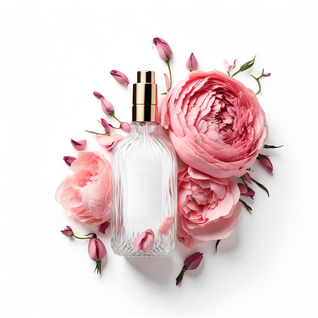 Botella de perfume con flores en fondo blanco pétalos de rosa o peonía