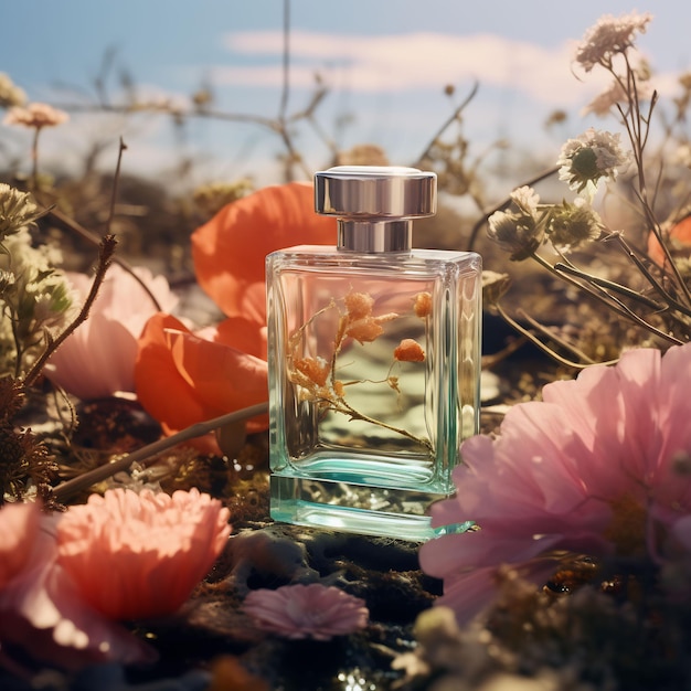 una botella de perfume con flores en el fondo