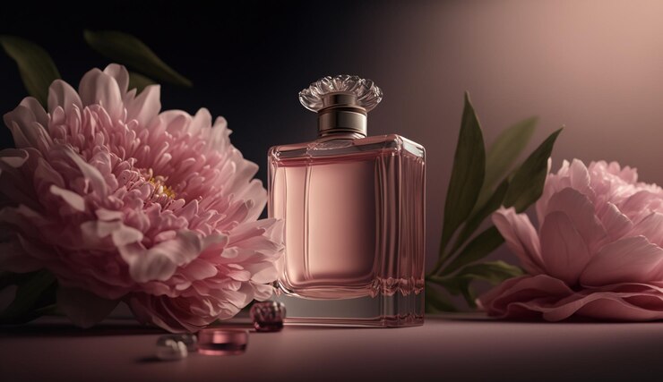 Una botella de perfume con flores en el fondo