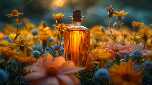 una botella de perfume con flores en el fondo