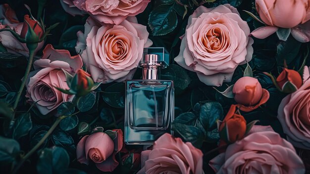 Botella de perfume en flores fragancia en fondo en flor olor floral y producto cosmético