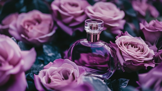 Botella de perfume en flores fragancia en fondo en flor olor floral y producto cosmético