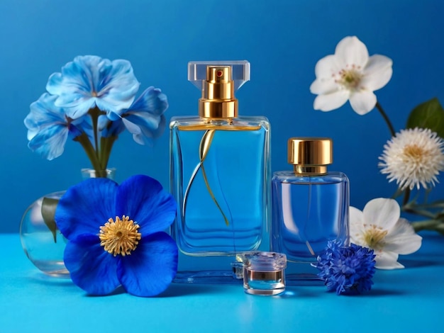 una botella de perfume con flores en la mesa