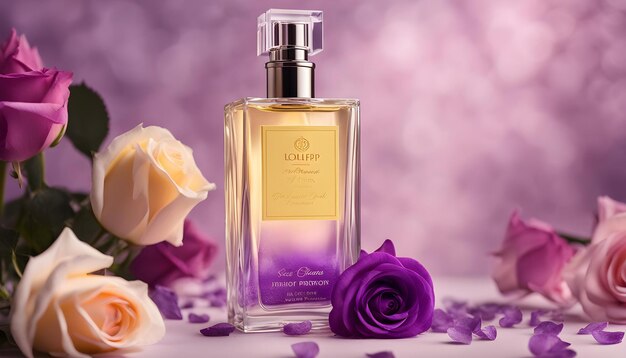 una botella de perfume con flores moradas y rosas moradas