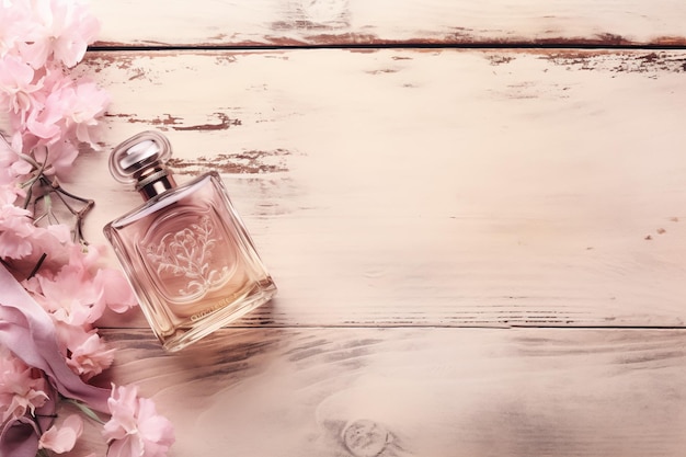 Una botella de perfume con flores rosas sobre una mesa de madera