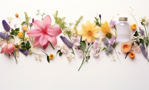 Botella de perfume con flores sobre fondo blanco ai generativo