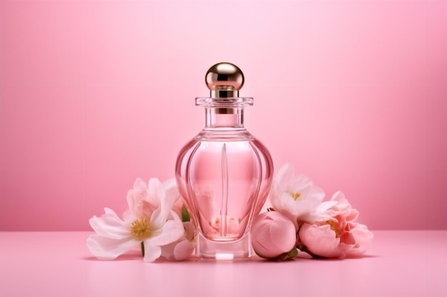 Una botella de perfume con flores sobre un fondo rosa.