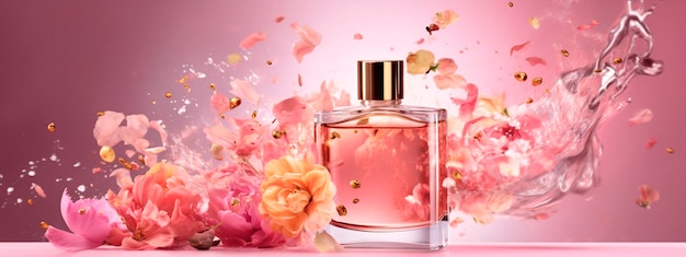 Botella de perfume flores splash banner copia espacio IA generativa