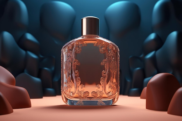 Una botella de perfume con un fondo azul.