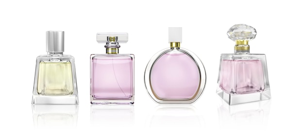 Botella de perfume en un fondo blanco renderizado en 3D