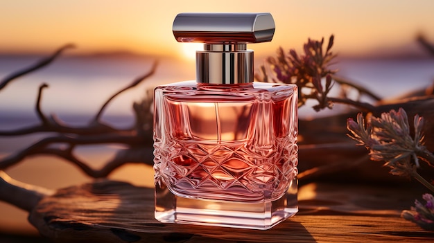 Botella de perfume en el fondo de una hermosa puesta de sol en la ilustración de render desert3d