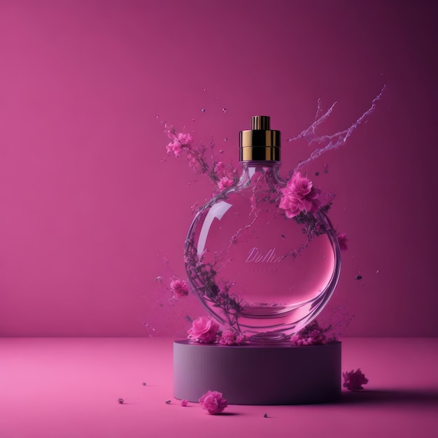 Una botella de perfume con fondo rosa y flores.