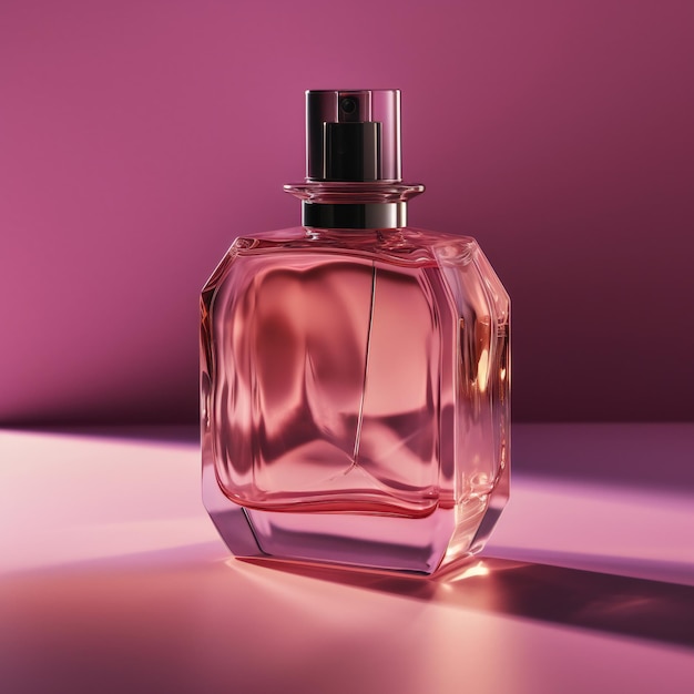 Una botella de perfume con un fondo rosa y la palabra perfume.