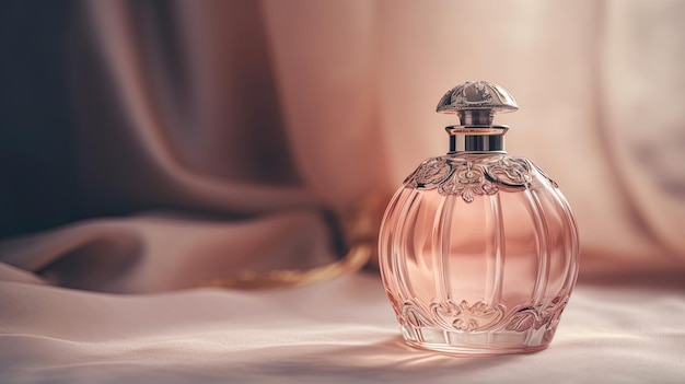 Una botella de perfume con un fondo rosa.