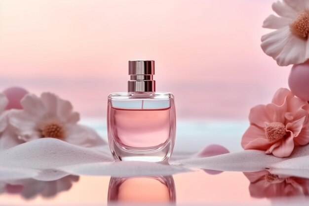 Una botella de perfume con un fondo rosa.