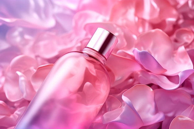 Una botella de perfume con un fondo rosa.