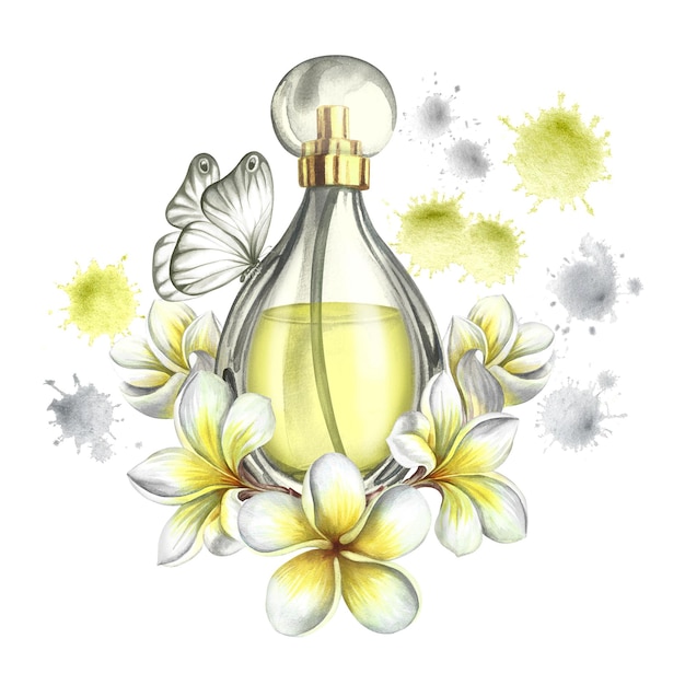 Una botella de perfume hecha de vidrio transparente con flores de plumeria frangipani ilustración en acuarela