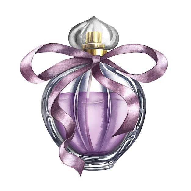 Una botella de perfume hecha de vidrio transparente púrpura con un arco de cinta Una acuarela dibujada a mano