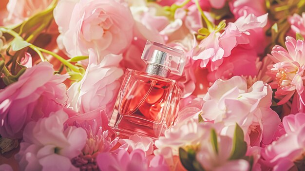 Botella de perfume con hermosas flores concepto de belleza vista superior plana