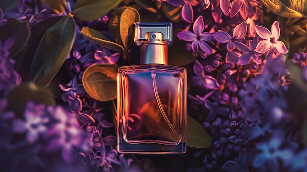 Botella de perfume con hermosas flores concepto de belleza vista superior plana