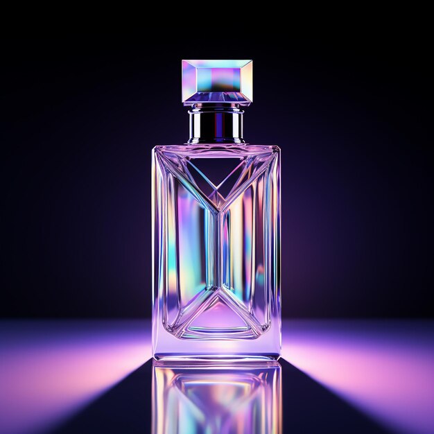 Una botella de perfume holográfico de fondo holográfica minimalista de alta calidad